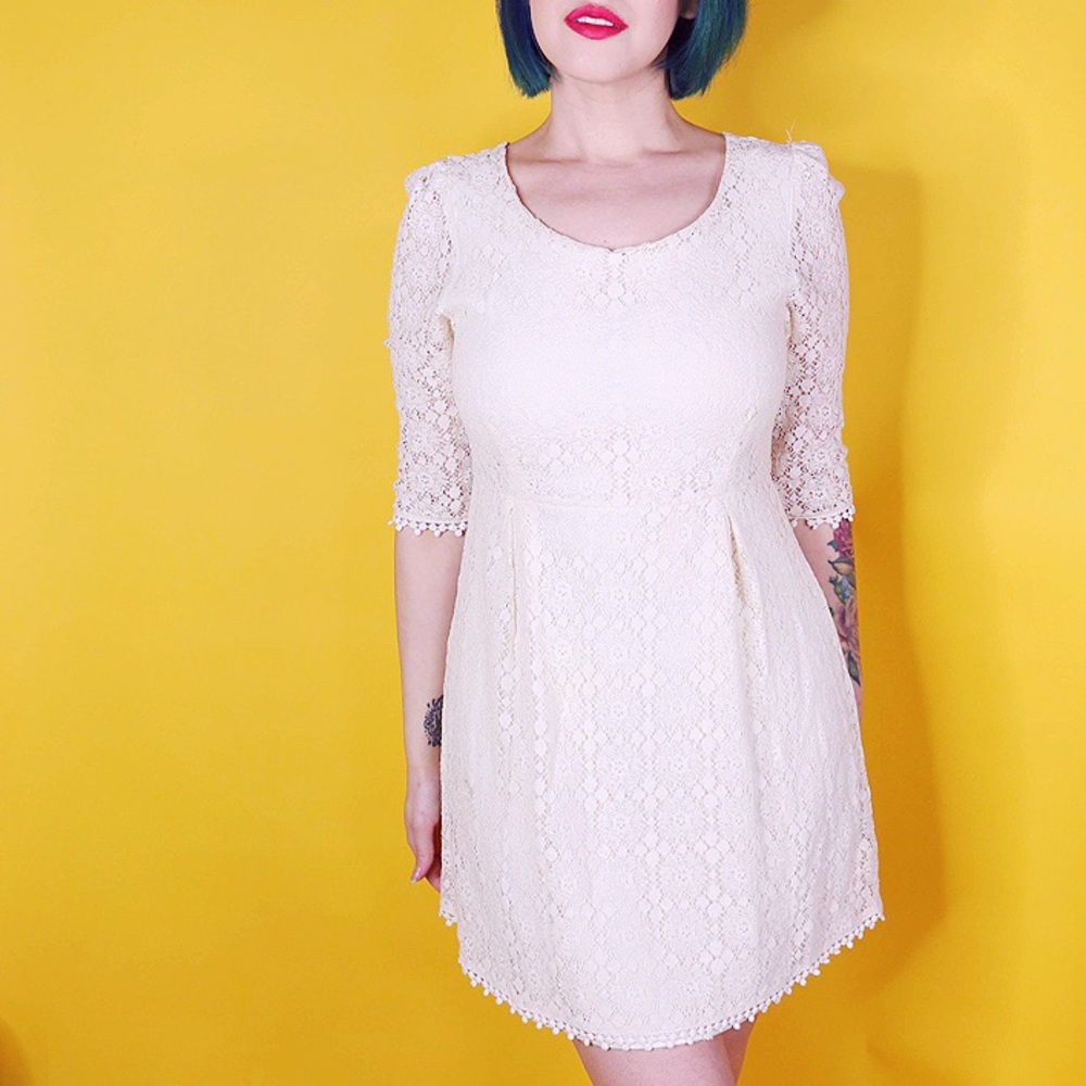 Ivory Lace Fit Flare Mini Dress Women’s M Long Sleeve